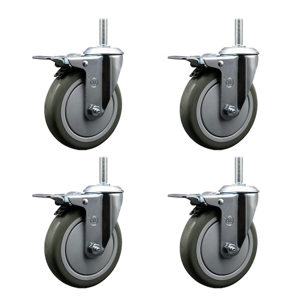 5 Inch Gray Polyurethane Swivel 58 Inch Threaded Stem Caster Set with Total Lock Brake